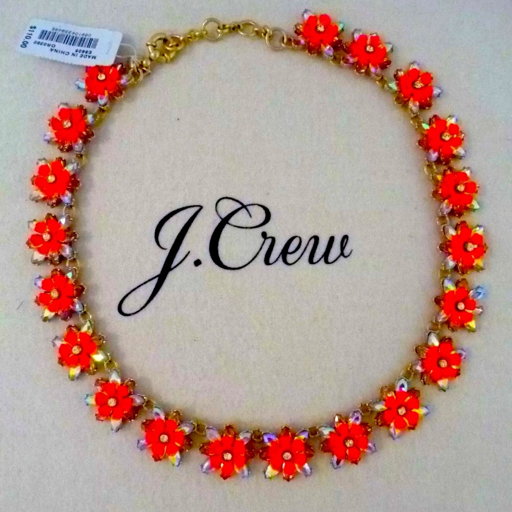 J Crew Neon Pink Floral Crystal Necklace